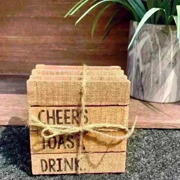 NEW SET of 4 Distressed Wood Coasters by Mud Pie - CHEERS, TOAST, DRINK - Picture 1 of 9